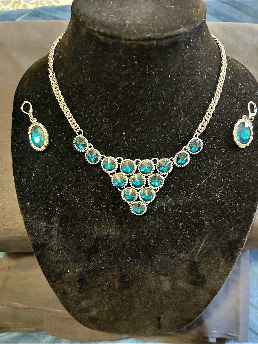Dark Teal Blue Crystal Statement Necklace & Earrings